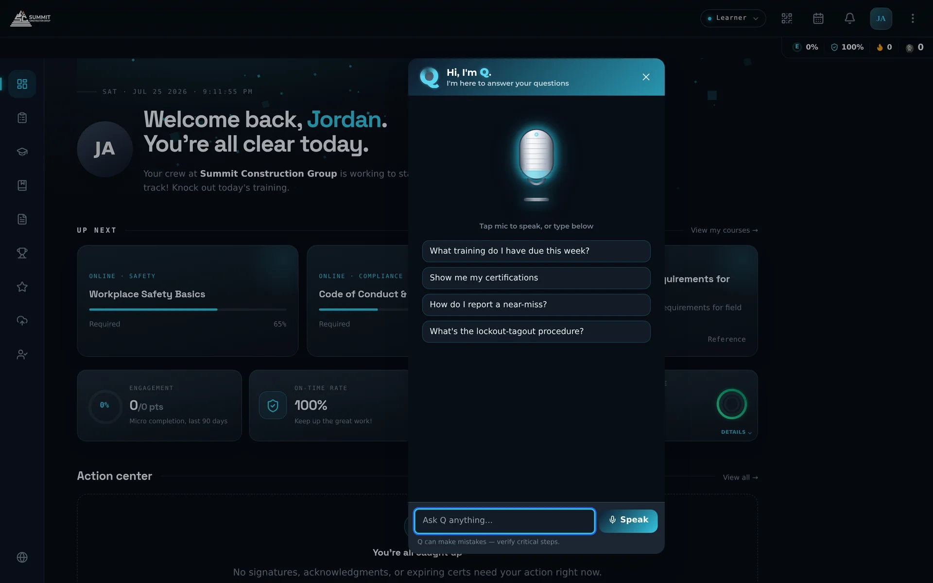 Ask Q panel with microphone, suggested questions, and text input
