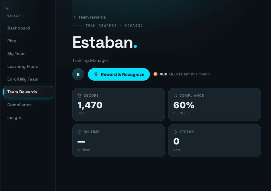 Team Rewards screen where a manager reviews a team member’s scores and rewards them