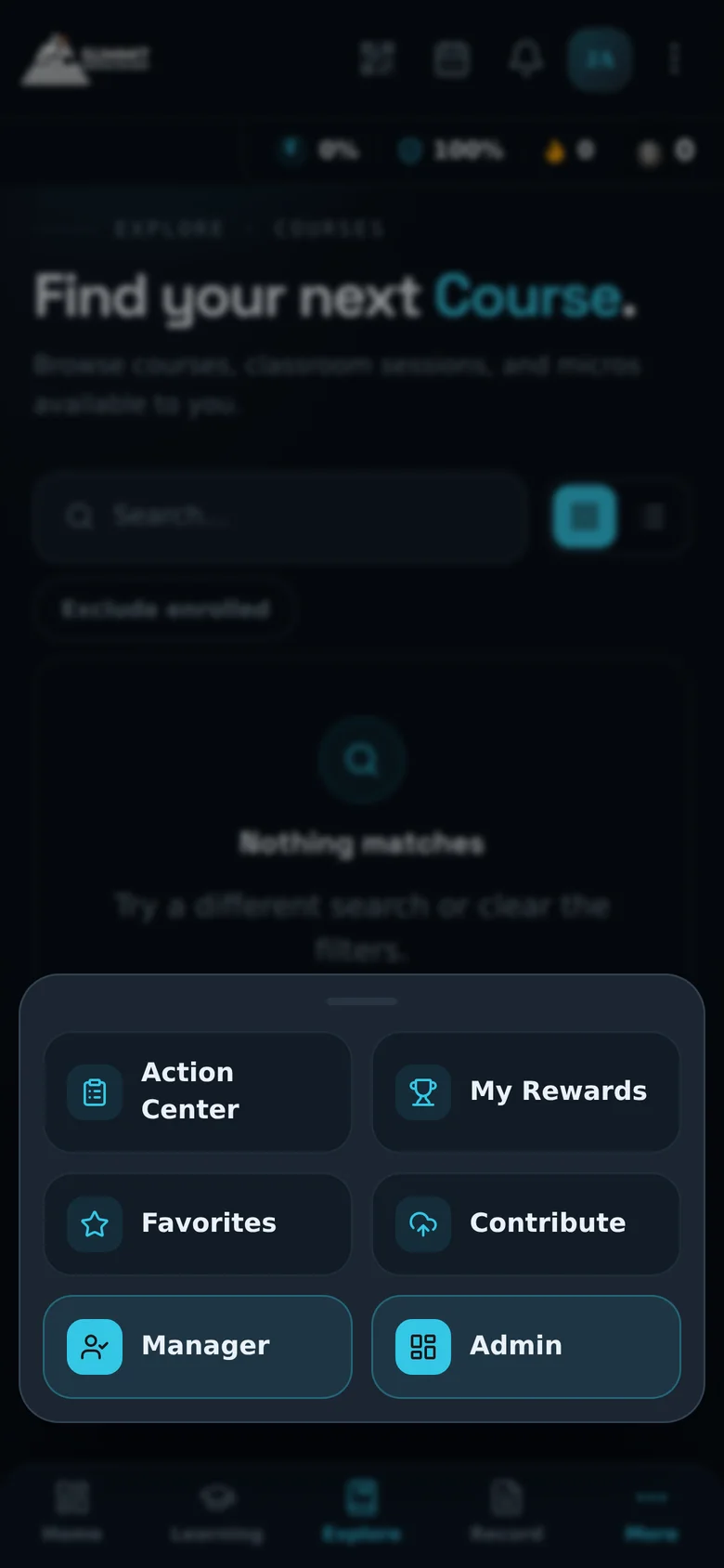 QaliberLMS mobile role switcher with Manager and Admin modes